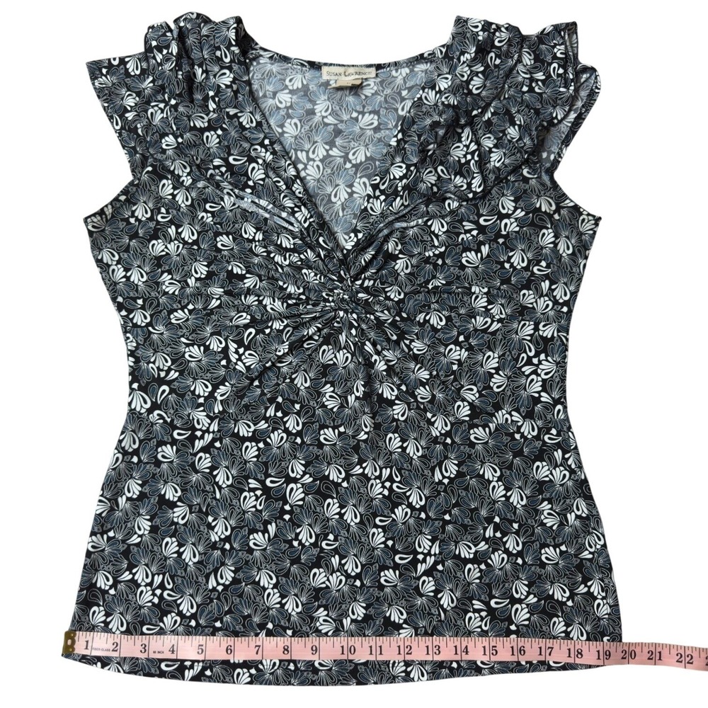 Susan Lawrence Womens Cap Sleeve V-Neck Twist Front Floral Paisley Top‎ Black M - Picture 7 of 7
